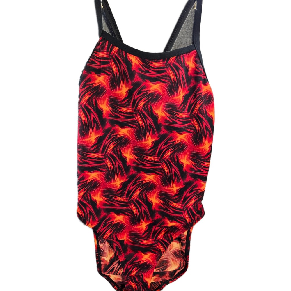 Speedo Womens Red Orange Flame Print One Piece Swimsuit Crossback Size 10/36‎